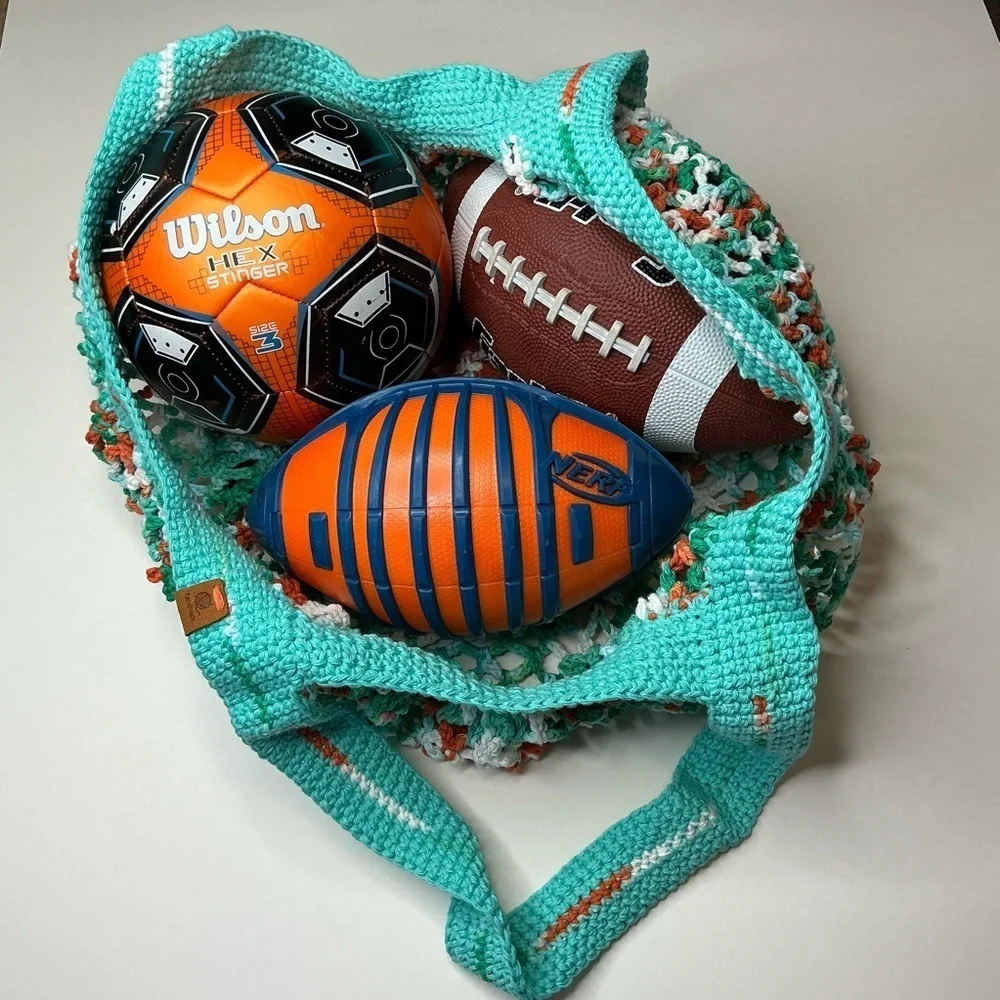 Large‎ Crochet Mesh Market Bag Teal White Cotton Handcrafted Handmade Reusable